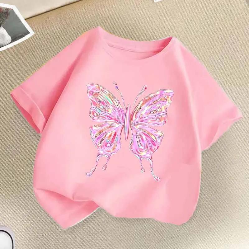 Beautiful Butterfly Print T Shirts For Girls Summer Children Casual Cute Colorful Tops Kids Comfortable Oneck Short Sleeve Tees