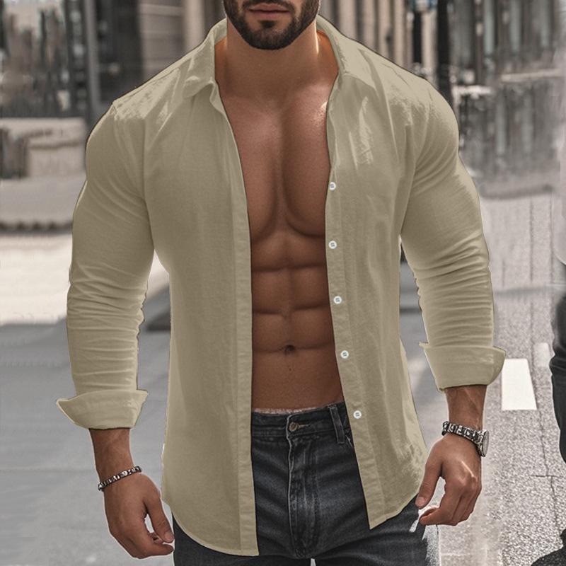 

Мужские повседневные рубашки из хлопка и льна: Высокая эластичность и комфорт, идеально подходит для весны и осени. S хаки