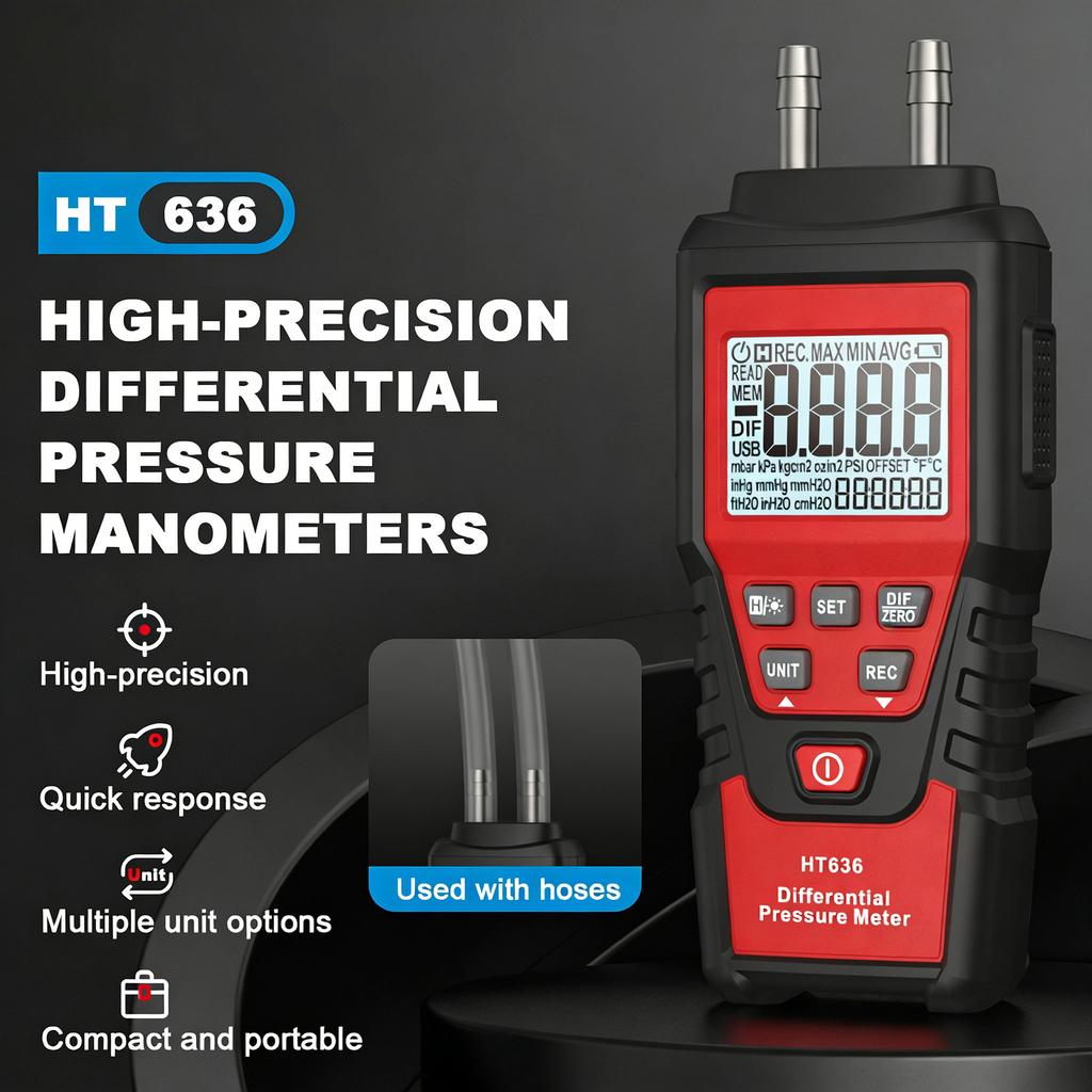 Digital Manometer Handheld HVAC Gas Pressure Tester High Accuracy Dual Port with Storage Bag HT636 Differential