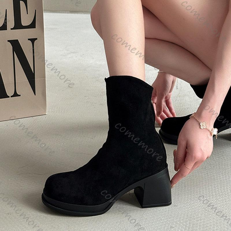 Comemore Retro British Style Chunky Heeled Short Boots Autumn Women's Shoes Solid Suede Versatile High-heeled Botines
