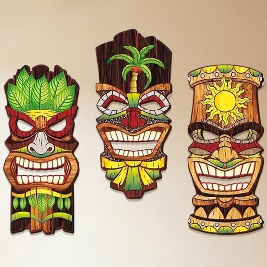 4 Stück Gesichtsmaske Dekor Massivholz Handbemalt Tiki Gesichtsmaske Tropischer Hawaiianischer Stil Wanddekoration Strand Poolbereich Dekoration