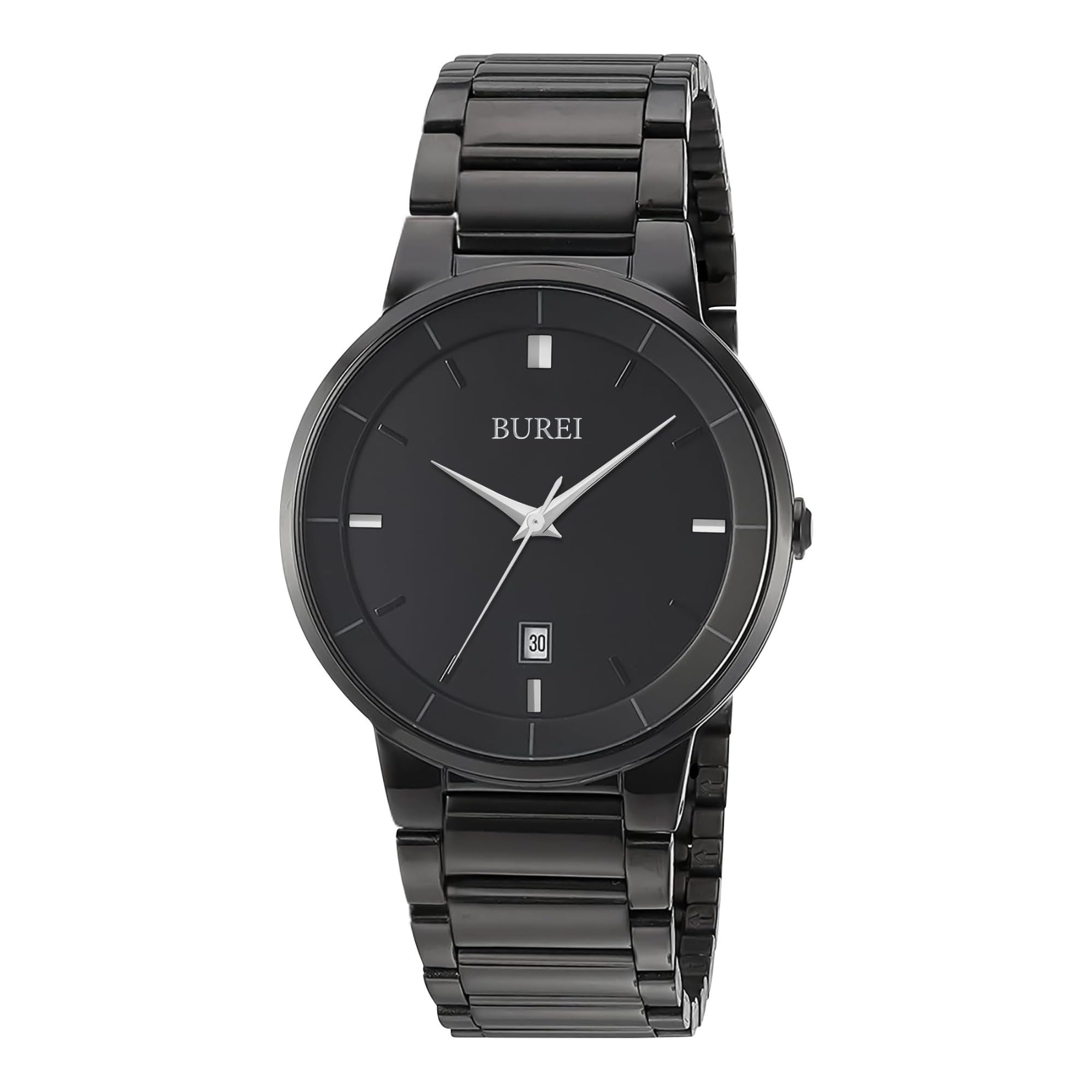 

[BUREI] Men s Analog Quartz Watch, Simple, Stylish, Date Display, Waterproof, Stainless Steel Band, Large Dial, Black, Popular, Fashionable, Gentleman