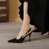 Summer New Pointed Black Rhinestone Pin Badge High Heel Stiletto Sexy Light Mouth Sandals Women's Shoes