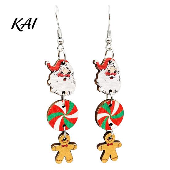 Women Seasonal Accessories 1 Pair Christmas Wooden Dangle Drop Earrings for Women, Cute Santa Fashion Jewelry Gingerbread Candy Cane Earrings, Vintage
