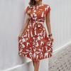 Printed round Neck Lace up Casual Dress Print round Neck Tied Dress