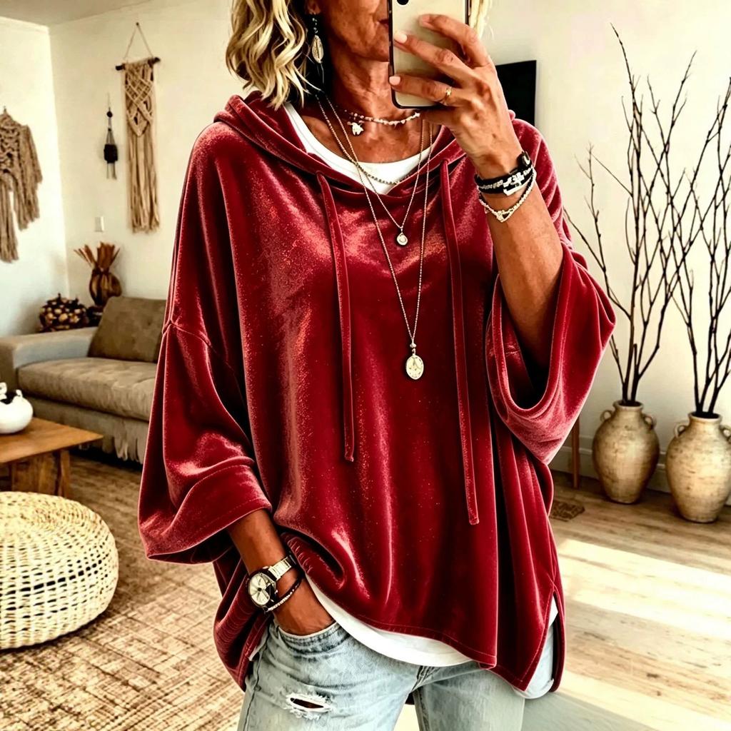 Women's Casual Velvet Hooded Top with Three-Quarter Sleeves Color