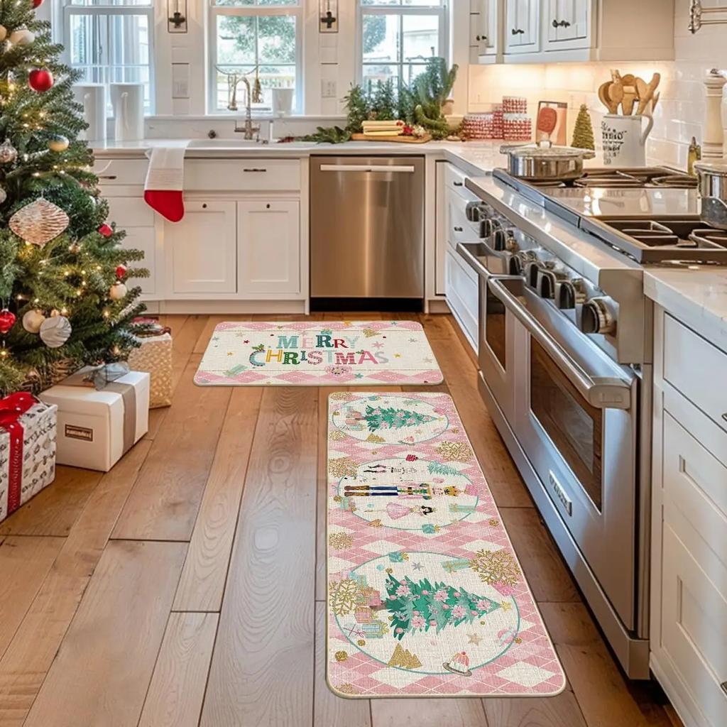 2pcs Christmas Kitchen Rug - Nutcracker Christmas Happy Mat - Slip-Resistant And Easy To Clean - Home Decoration
