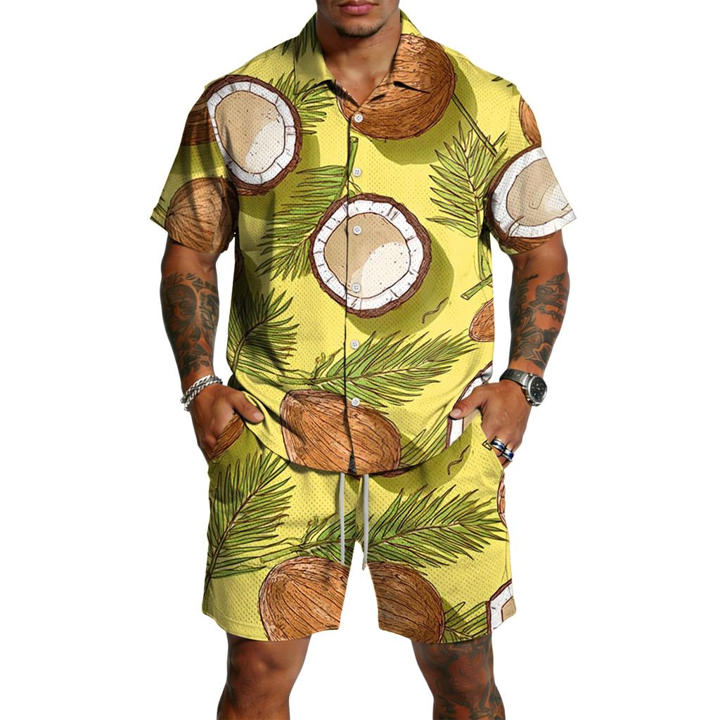 Men's Casual Printed Lightweight Breathable Shirt and Drawstring Shorts Set