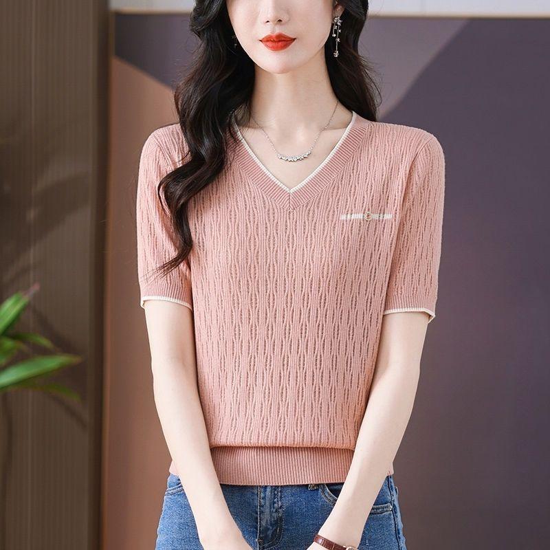 New Summer Women's V-neck Short-sleeved Loose T-shirt Knitted Sweater Hollow Thin Fashion Top