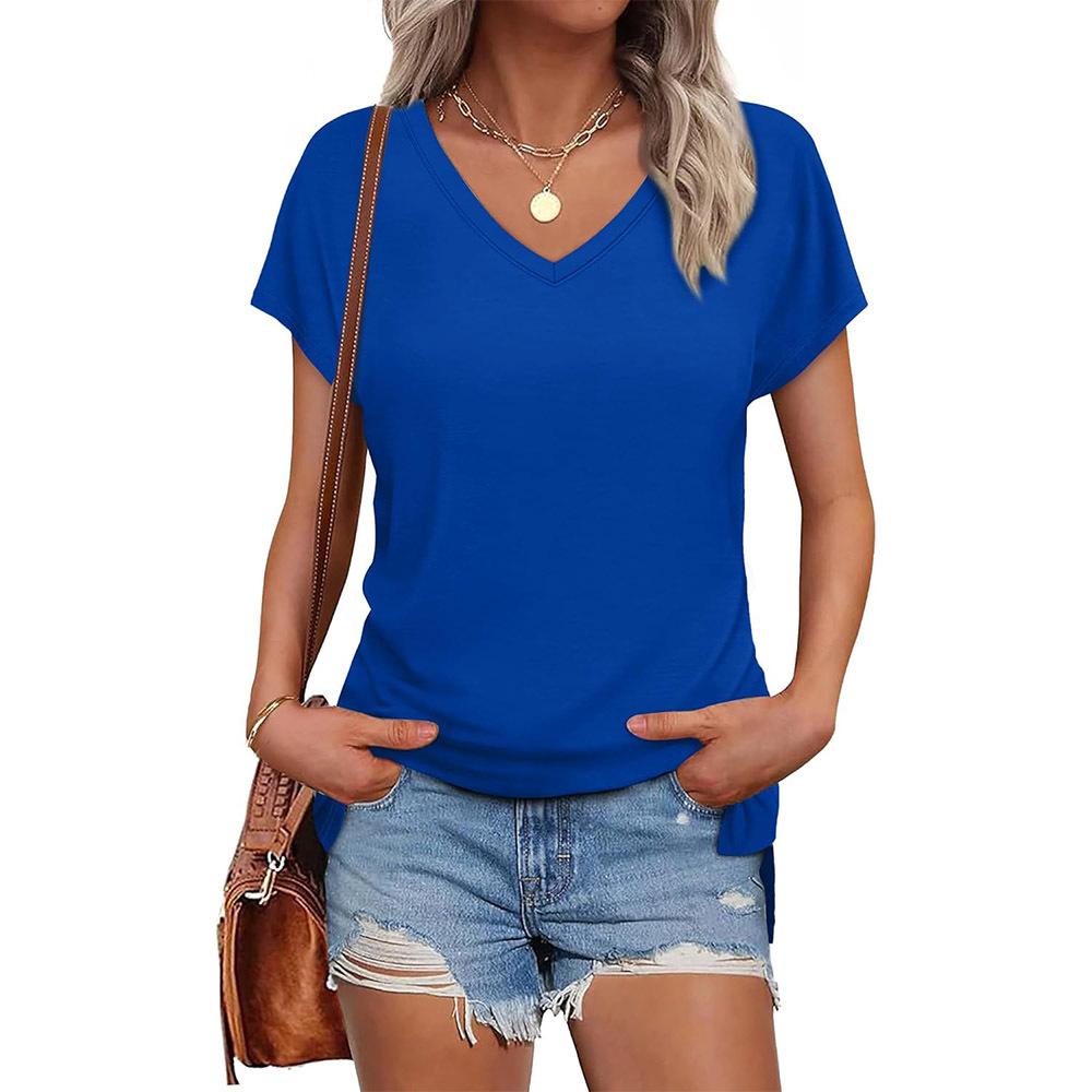 Popular summer European and American new women's clothing solid color V-neck short-sleeved split-ended women's T-shirt