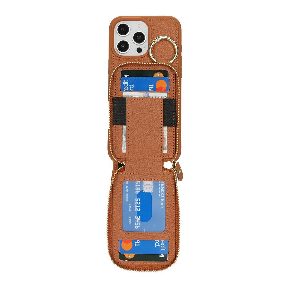 For iPhone 16 Pro Case with Zipper Pouch/Ring Kickstand/Strap Litchi Texture PU + TPU Phone Cover