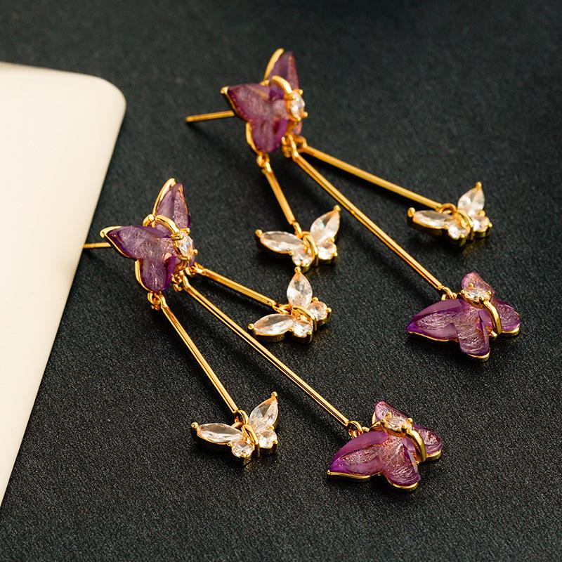 Purple Crystal Butterfly Stud Earrings - Elegant Women's Versatile Design