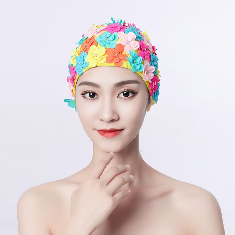 Badekappe Damen Diamantblume Handgefertigt Dreidimensional Handgenäht Dreilagige Blume Würgt Den Kopf Nicht Doppeltes Gewebe Schwimmen Spa