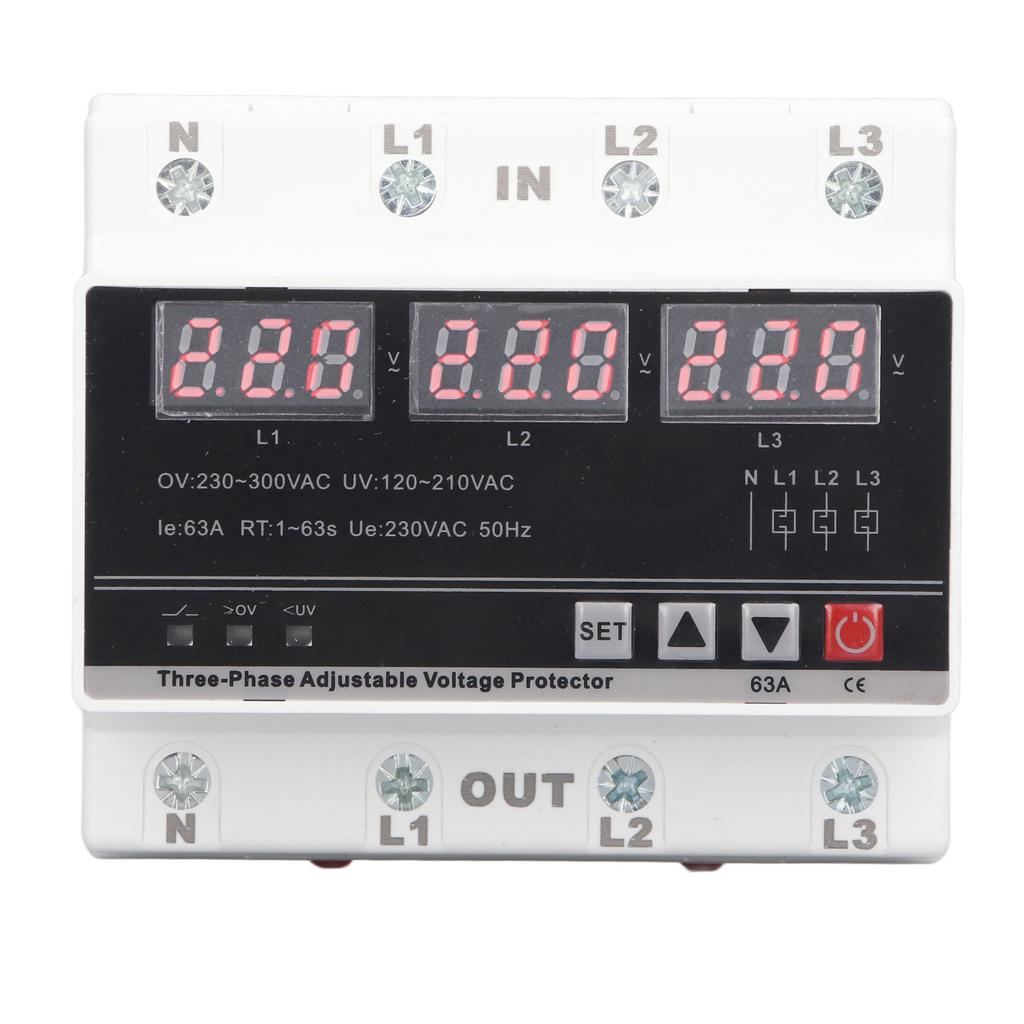 3 Phase Adjustable Protector Over Under Voltage Current Protection Device DIN Rail Mount
