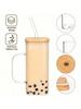 1 pc Bamboo covered straw square glass cup, transparent water cup with handle, iced coffee cup, juice
