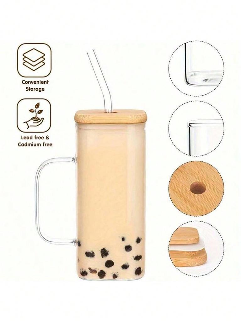 1 pc Bamboo covered straw square glass cup, transparent water cup with handle, iced coffee cup, juice
