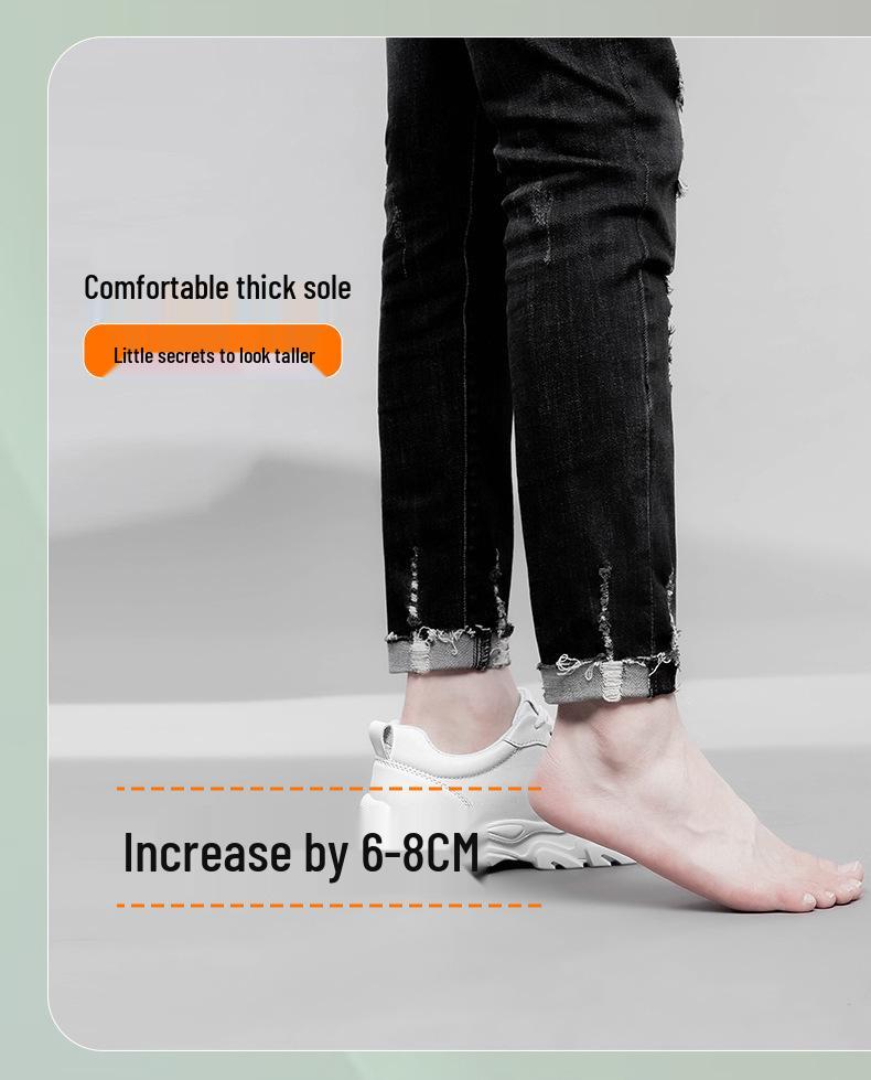 Men's Hidden Height Sports Casual White Cowhide Shoes, Low-Top, Thick Sole for Spring.