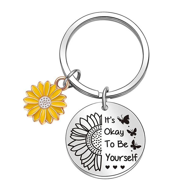 Sunflower Pendant Metal Stainless Steel Keychain For Parents Teachers Handmade Jewelry Gift Key Decoration