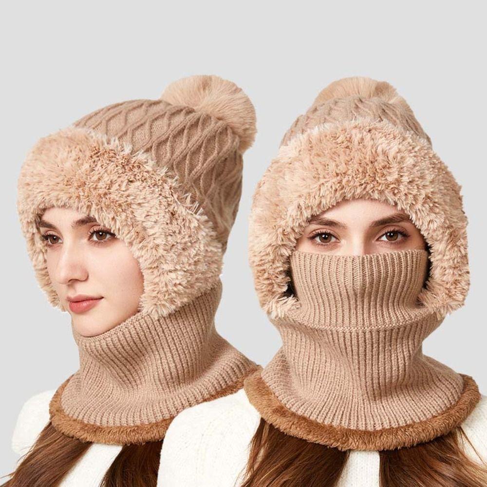 Plush Winter Cap Mask Set Solid Color Balaclavas Hat Fashion 2in1 Scarf Hat Ski