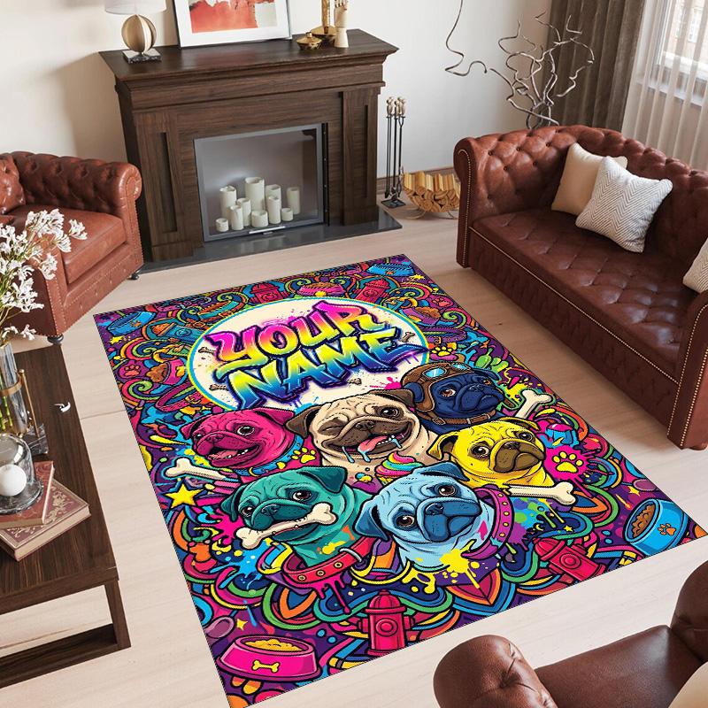 Pug Theme Crystal Velvet Floor Rug Personalized Custom Name Text Warm Carpet Home Decoration