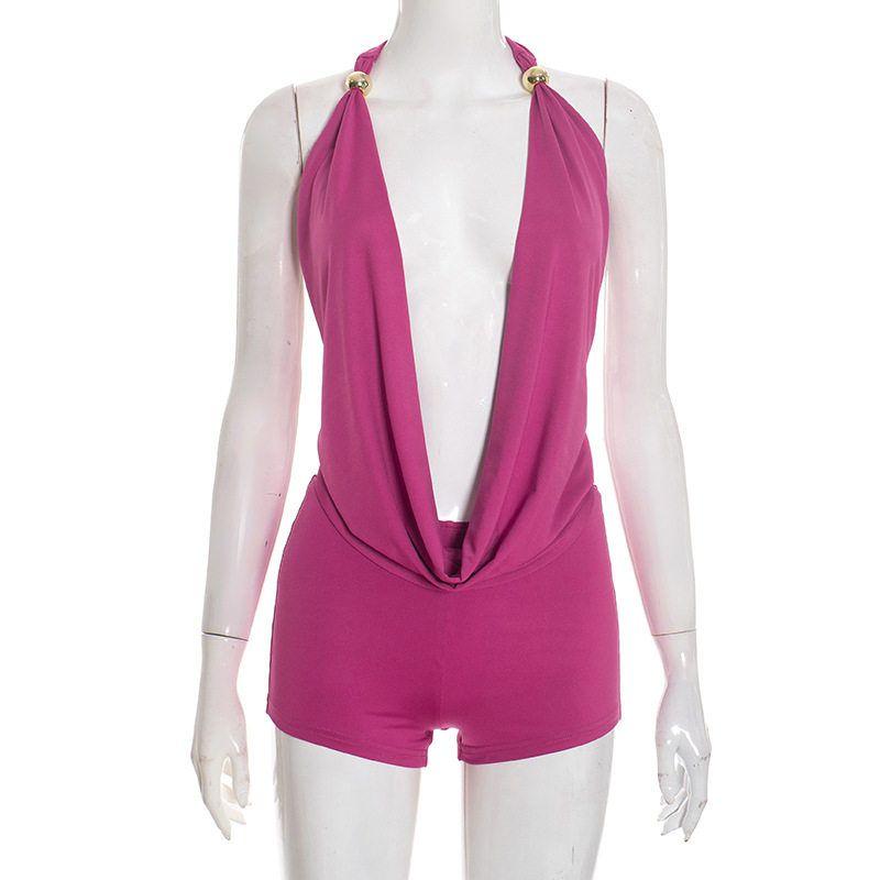 

Cross-Border European and American Style New Women s Clothing Set: Off-Shoulder Halter Neck, Deep Backless Tie-Up Top and Shorts Two-Piece Set Rose Red S