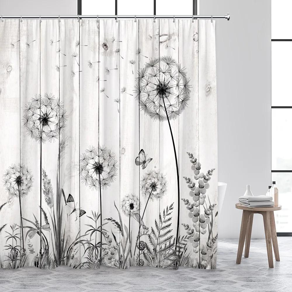 Dandelion Shower Curtain Watercolor Floral Farm Rustic Butterfly Plank Plant Polyester Fabric Bathroom Decor Curtain Washable