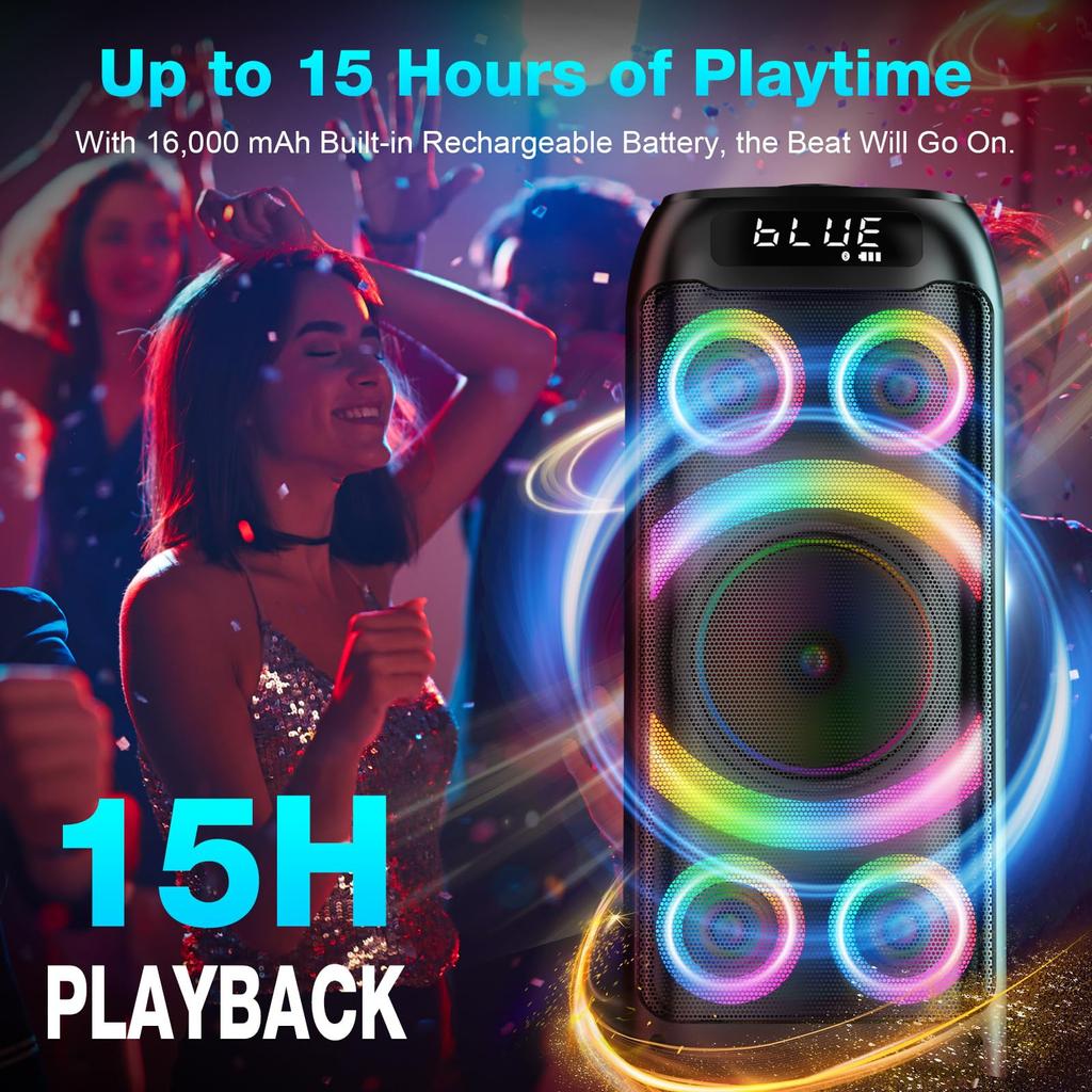 Bluetooth Speaker, 160W Peak Powerful Loud Stereo Sound Deep Bass Wireless Boombox with Subwoofer TWS Pairing Dynamic LED Light