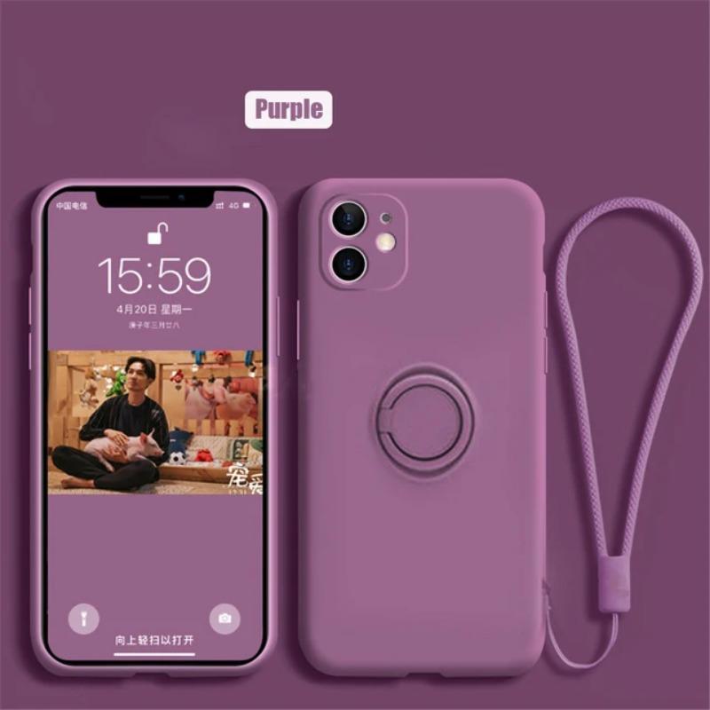 Luxury Liquid Silicone Metal Ring Holder Phone Case for Honor 20 30 30s V30 V40 50 SE 60 70 80 90 Pro Back Cover with Lanyard Shockproof