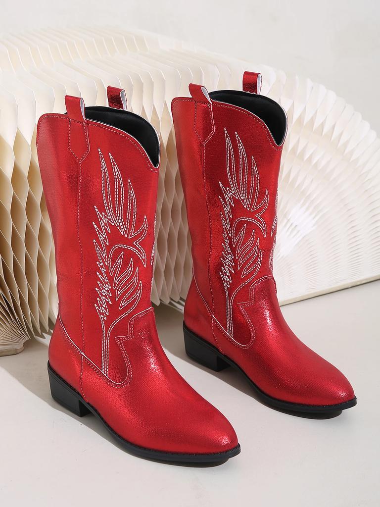 Western Cowboy Boots 2024 Winter Fashion Mid-calf Women's Boots Retro Pointed Toe Slip-on Mid Heel Pink Boots Shoes for Women