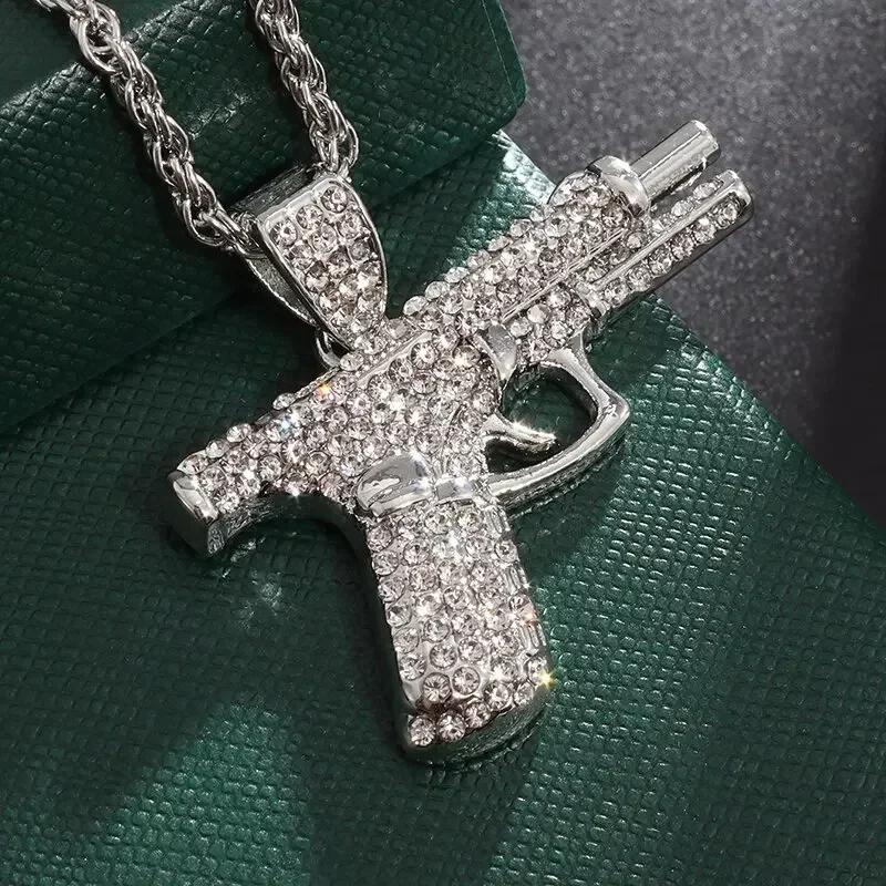 Bling Iced Out Pistolenanhänger Maschinenpistolen-Halskette Herren Persönlichkeit Hip Hop Rock Punk Cool Street Party Schmuck Geschenk gray