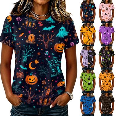 Ladies Casual Pullover Short Sleeve T Shirt Halloween Print Crew Neck Top Halloween Themed Graphic Tee for Women