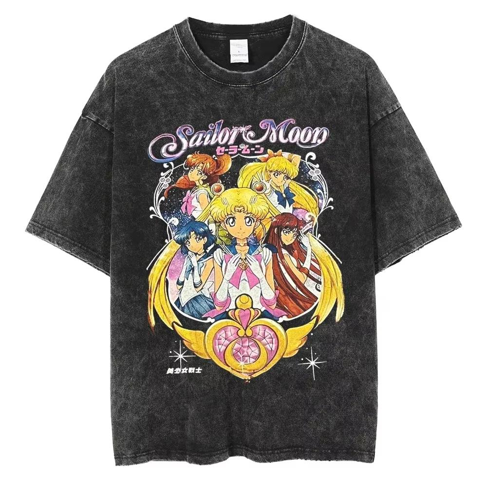MINISO Maglietta Lavata Stampata Anime Sailor Moon Estate Nuova Cotone Uomo e Donna Larga Casual Retro Trendy Manica Corta Top