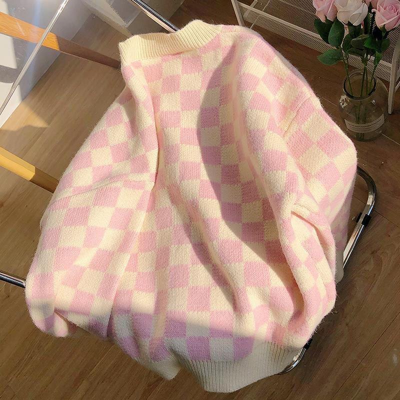 Pulover în carouri de culoare contrastantă pulover tricotat pentru femeie design de toamnă sens tridimensional floare dulce cardigan pulover