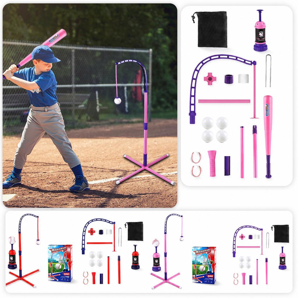 Ensemble d'entraînement de baseball 3 en 1 pour enfants Support trépied réglable avec balle oscillante Tee de frappe et pompe pour jouet de sport intérieur extérieur
