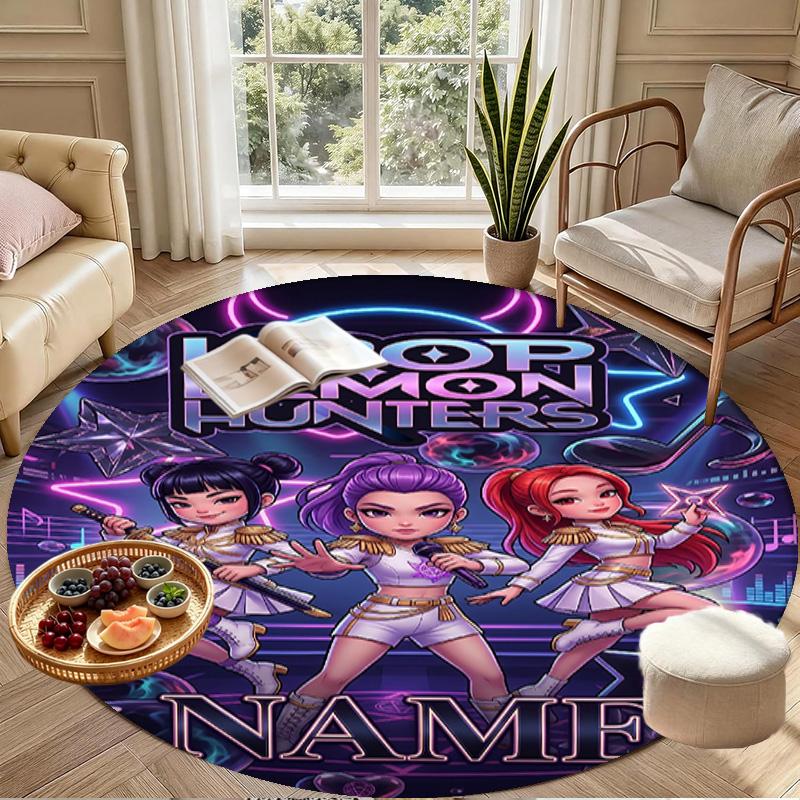 Custom Name Personalized Kpop Demon Hunter Print Round Rug, Versatile Home Decor Carpet, for Playroom, Apartment, Balcony, Entryway, Hallway Gift