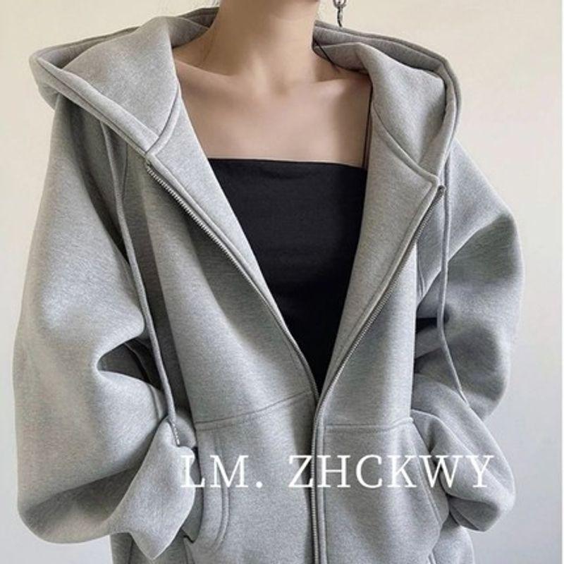 

American Style Sweatshirt Women s Spring Fall and Winter Vintage Hooded Velvet Padded Thickened Coat K-style Easiest for Match Zip Cardigan Tops Grey XL