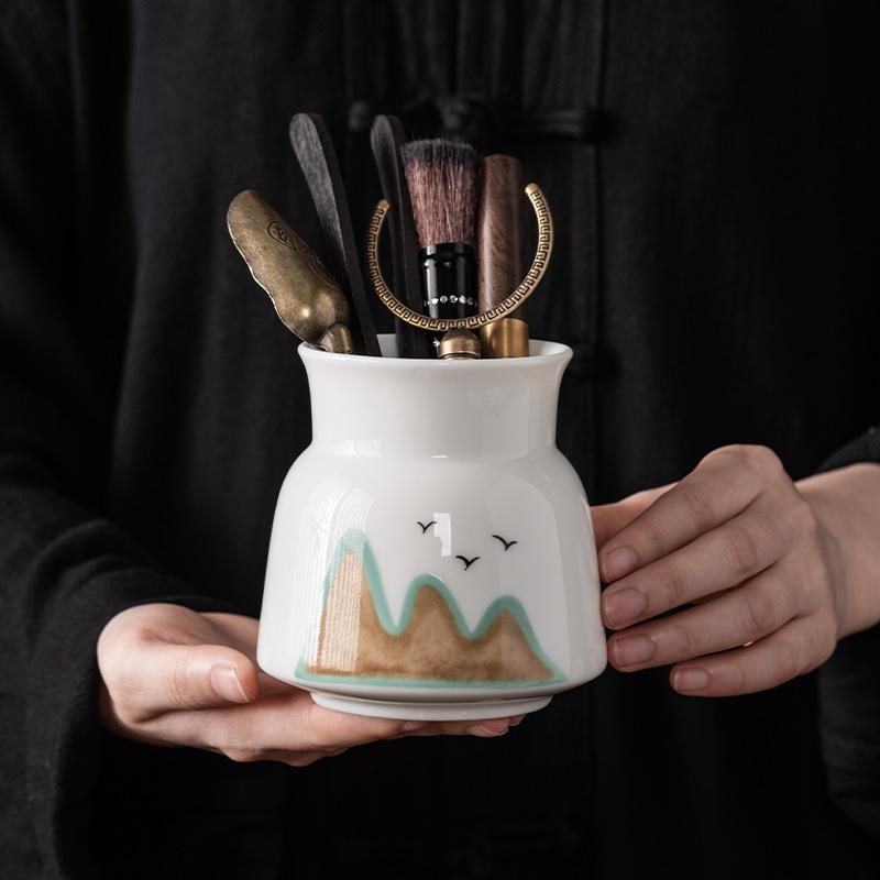 Suet Jade Porcelain Tea Ceremony Six Gentlemen Accessories Tea Needle Teaspoon Tea Clip Pen Holder Tea Brush High-grade Chinese Pen Holder