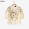 ZANZEA Damen Freizeit Rundhals Locker 3/4 Ärmel Print Bluse