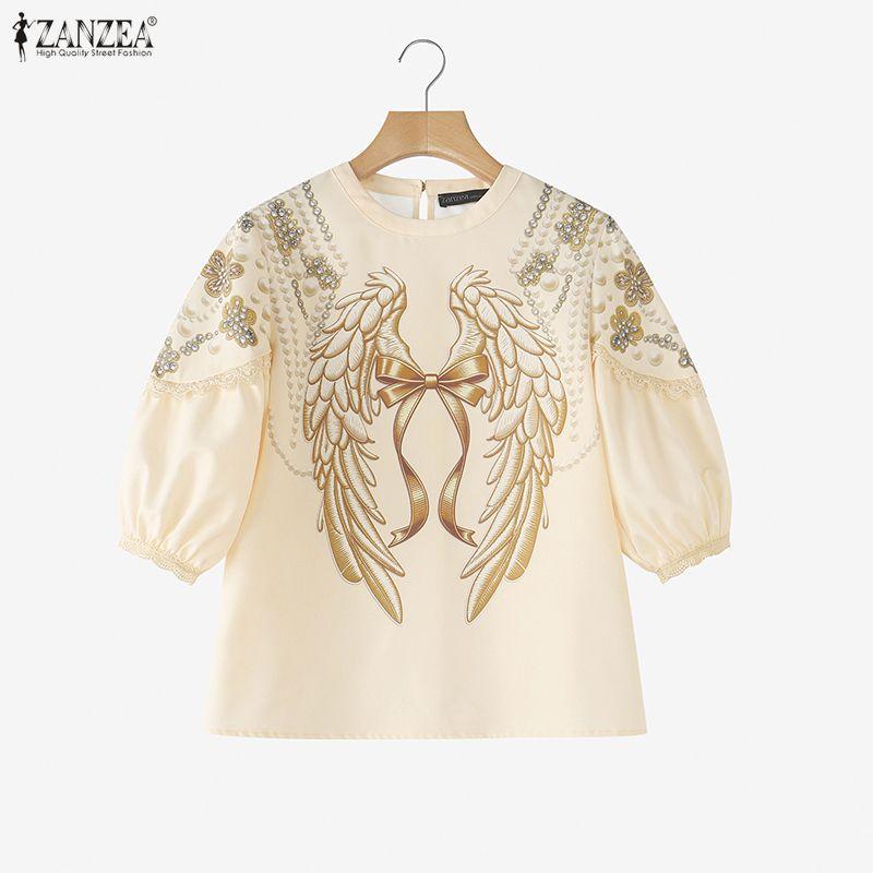 ZANZEA Damen Freizeit Rundhals Locker 3/4 Ärmel Print Bluse