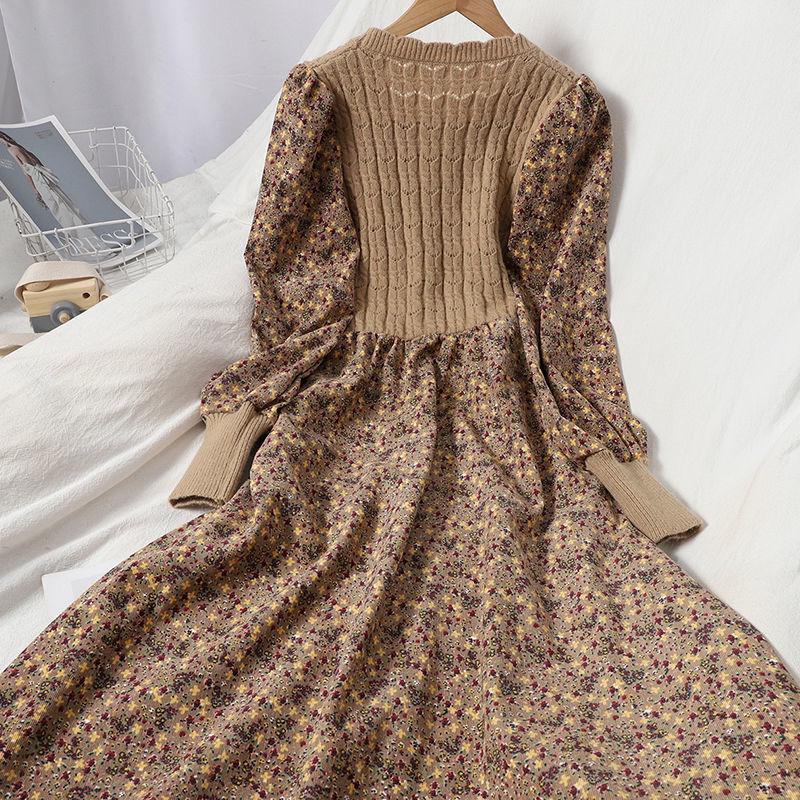 Trendy Autumn/Winter Korean Style Slimming Patchwork Tie-Up Knit Long Dress with Corduroy Floral Print