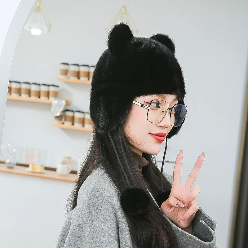 New Mink Leather Hat Women's Winter Warmth Children's Cute Cat Ears Ear Protection Real Mink Fur Hat