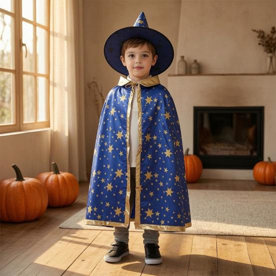 Star Pattern Wizard Cape Kids Cloak with Hat for Boys Girls, Halloween Witch Theme Role Play Costume Prop Party Cosplay Outfit, Fancy