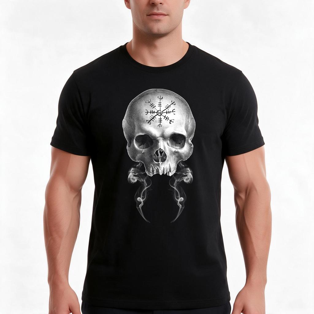 Norse Viking Skull With Helm Of Awe And Smoke Tshirt Summer Casual Cotton Tee Oversized Streetwear Tops Unisex Unisex Unisex