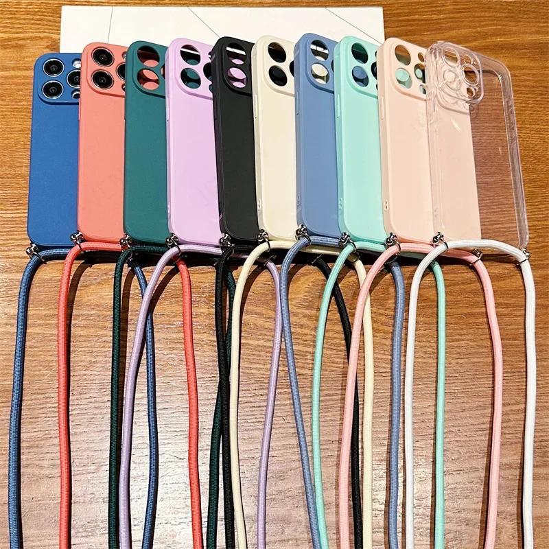 Crossbody Lanyard Candy Color Phone Case For Iphone 17 Air 16 16E 15 14 13 12 11 Pro Max Plus Silicone Soft TPU Back Cover