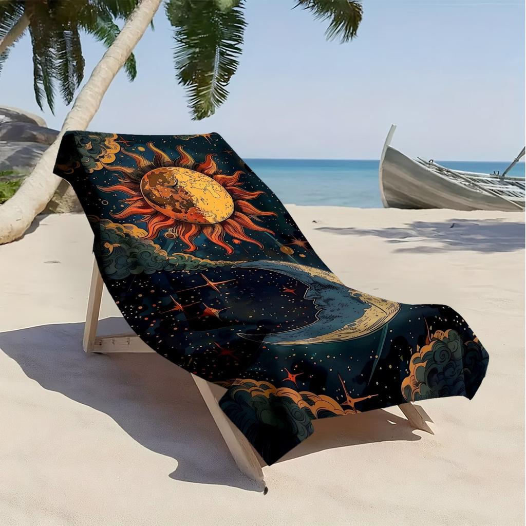 Retro sun, moon and star pattern polyester microfiber beach towel is highly absorbent, suitable for swimming and beach outings