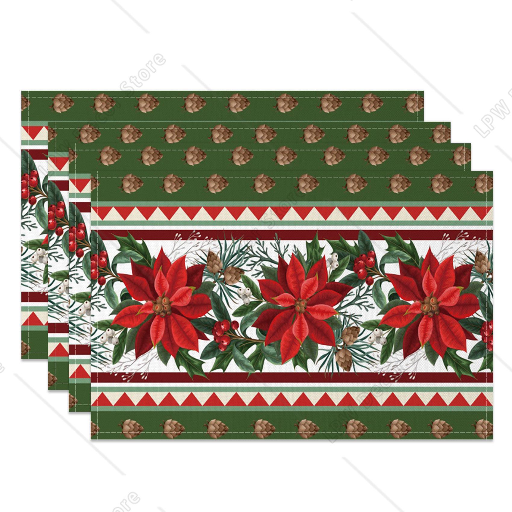 4pcs/set Christmas Placemats Linen Non Slip Heat  Red Green Resistant Table Mats Holiday Party Kitchen Wedding Dining Decoration 4 PCS 12x18inch