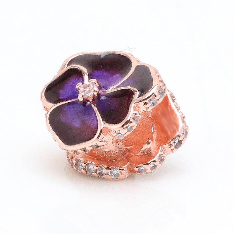 Rose Gold & Deep Purple Pansy Flower Charm - Elegant Beaded Gift for Women