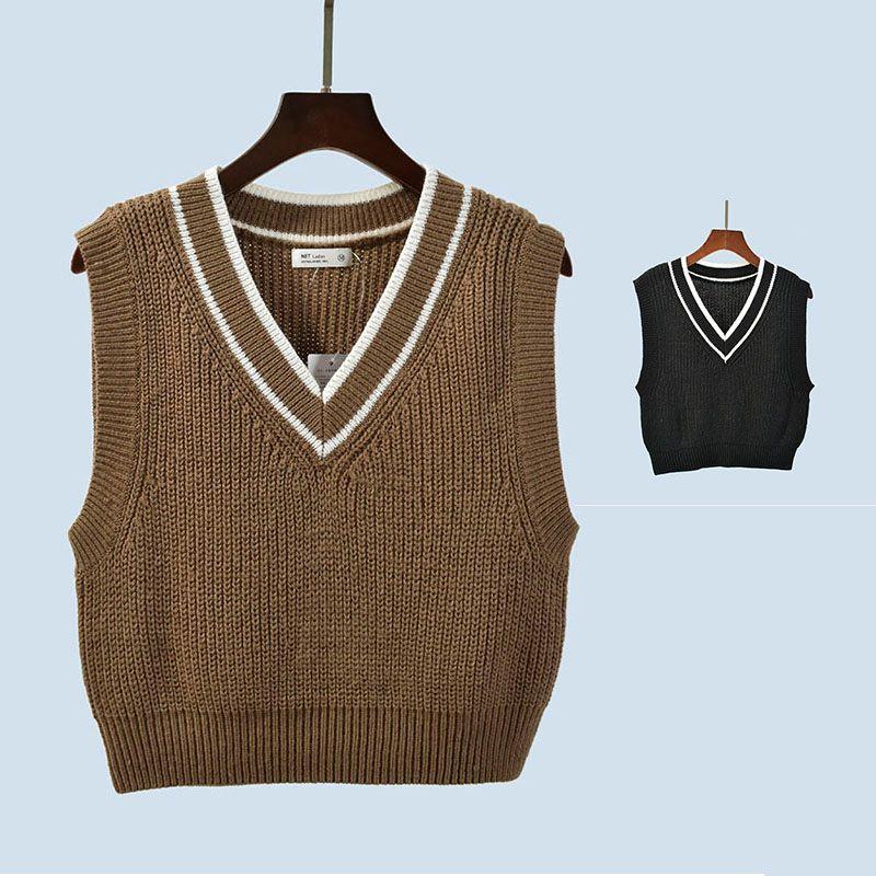 V Neck Sleeveless Short Color Matching Bandage Dress Preppy Style Knitting Sweater Export Quality Vest Jacket Women's Inner