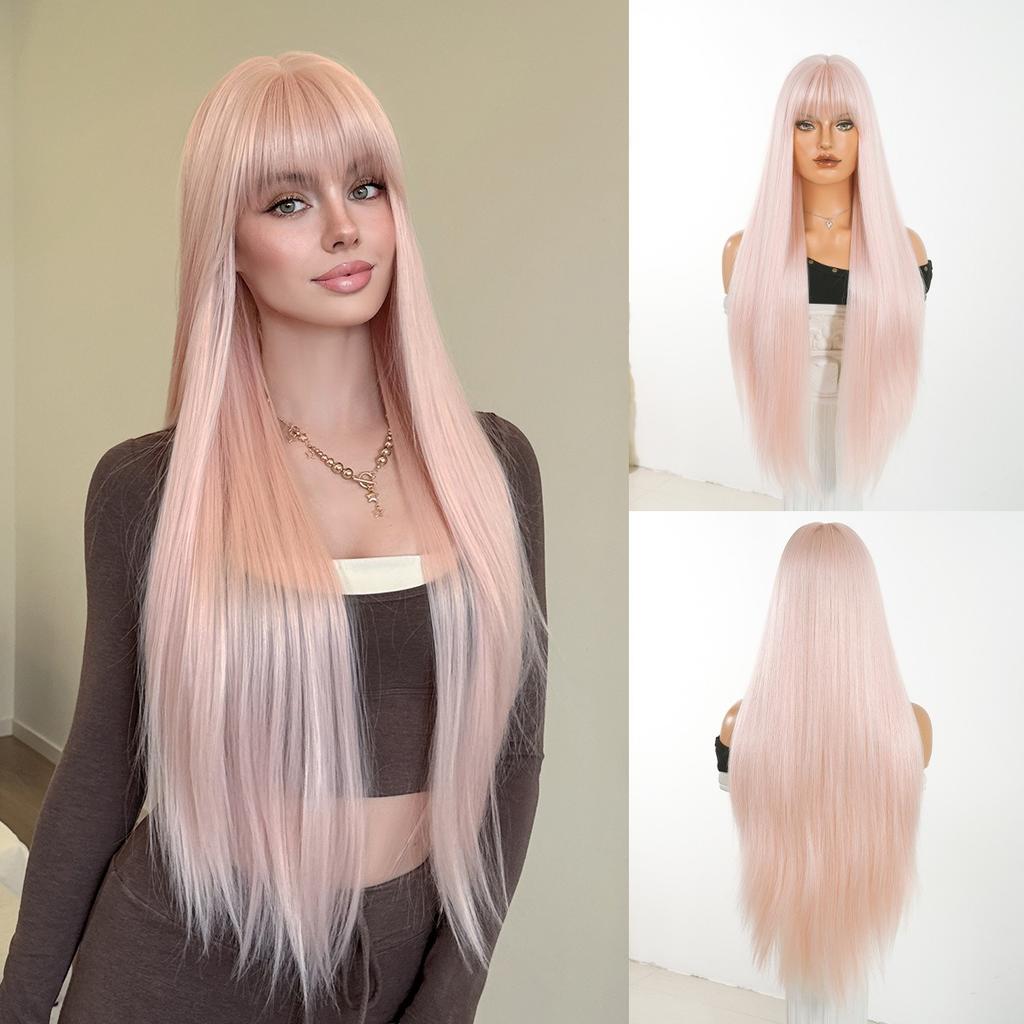 Rosa Lange Gerade Cosplay-Perücke mit Pony - 33" Hitzebeständiges Synthetikhaar für Anime-Conventions, Partys & Tägliches Tragen