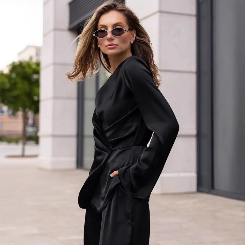 2026 Womens Vintage Brown Long Sleeve Shirt Top Pants 2 Piece Set